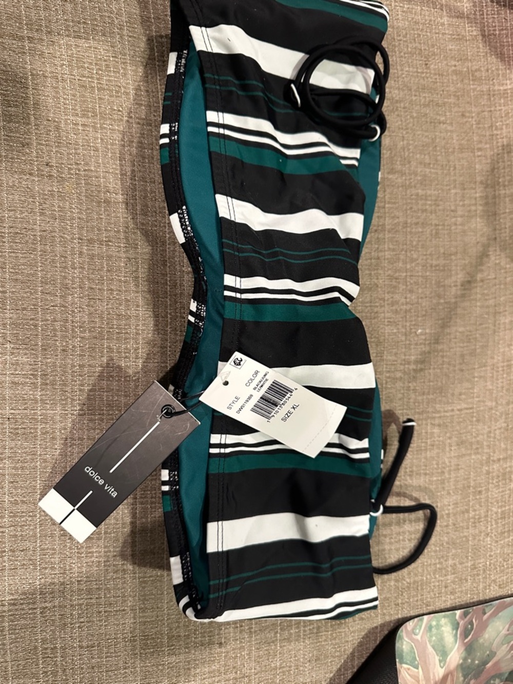 Dolce Vita Striped Bandeau Bikini Top - Black, White & Teal